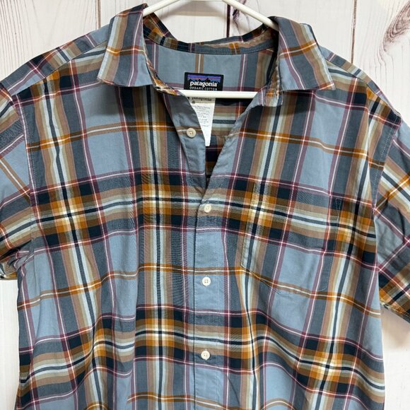 Patagonia Mens Fezzman Shirt Large Blue Brown Gray Plaid Button Up EUC - Picture 2 of 9